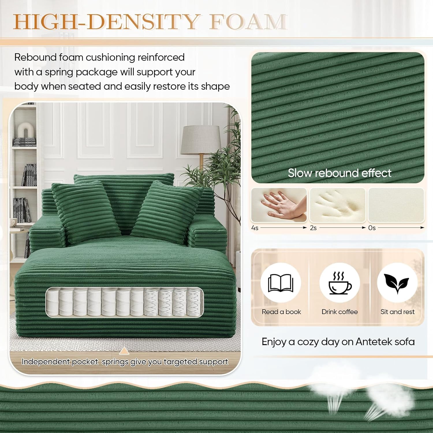 AENKYO 50" Chaise Lounge Sofa Bed with 3 Pillows, Convertible Sleeper Couch for Living Room, Bedroom & Small Spaces - Corduroy Upholstered Deep Seat Comfy Furniture - Green