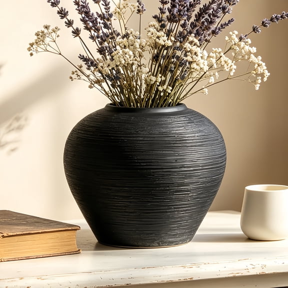 Black Vintage Farmhouse Ceramic Vase,6.8 Inch Tall Decorative Rustic Vase for Living Room