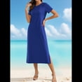 thumbnail image 3 of Vestido Holgado de Verano para Mujer, Cuello Redondo, Informal, con Abertura, Antiarrugas y Bolsillos. Azul M, 3 of 5