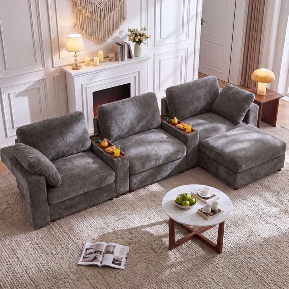 Holaki 138" L-Shaped Oversized Modular Sectional Sofa with Ottoman, 3 Seater Comfy Cloud Couch for Living Room, Deep Seat Down-Filled Sofa with 2 Built-in Side Tables & Storage Space, Dark Gray