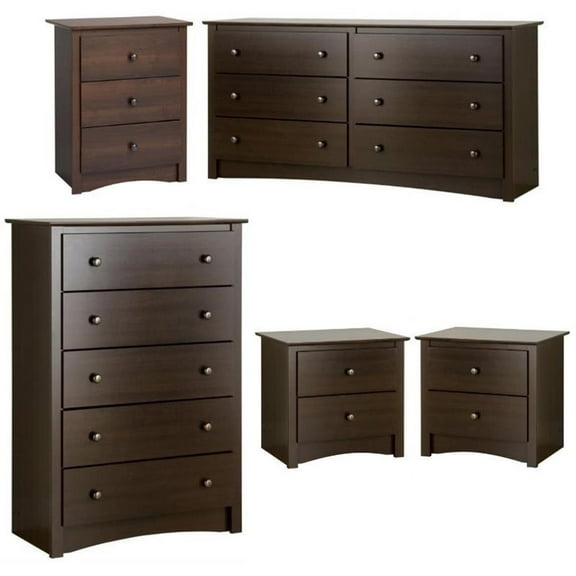 Home Square 5-Piece Set with 2 Night Tables Chest Dresser and Tall Nightstand