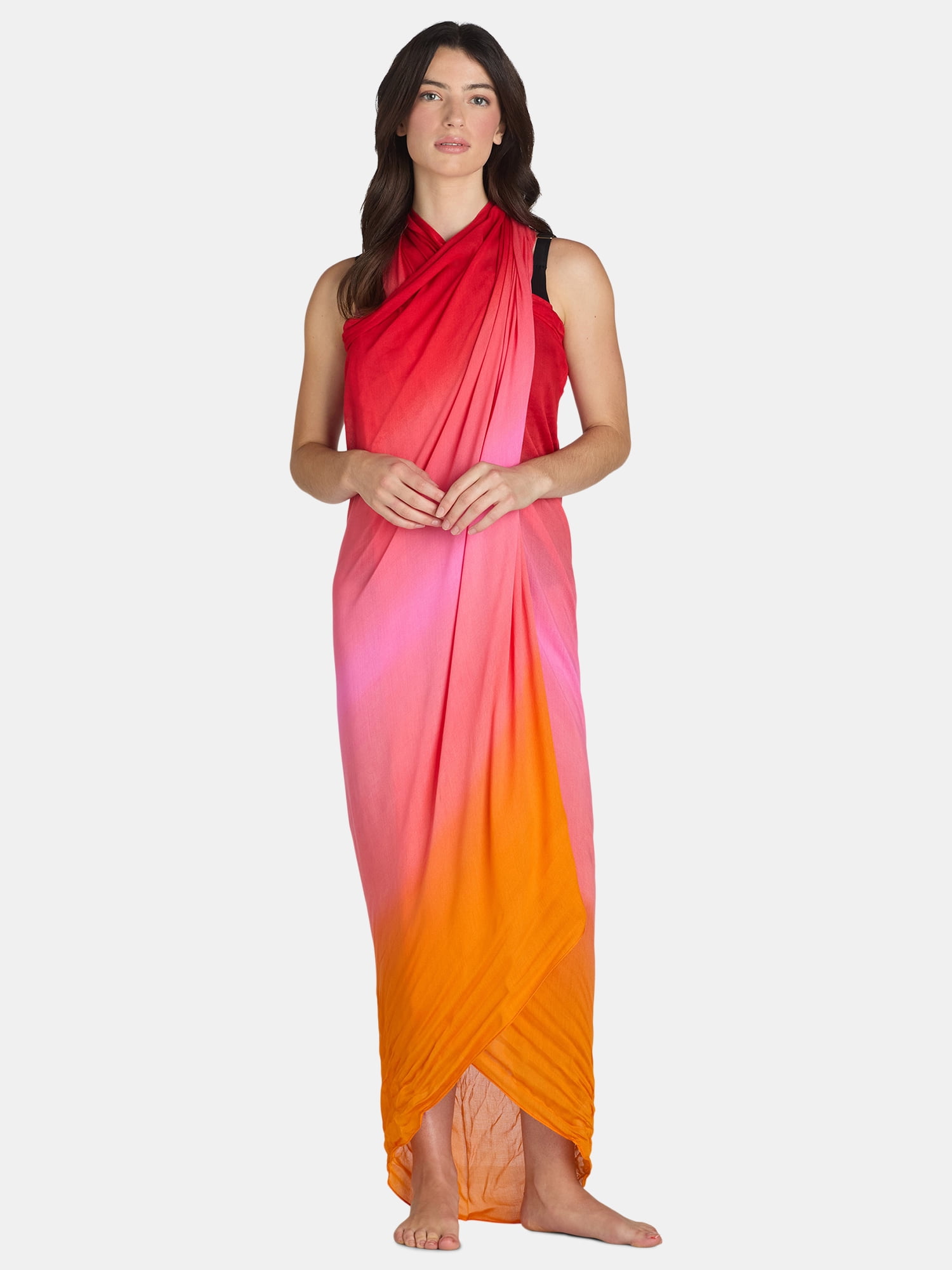 Time and Tru Women's Ombre Print Pareo, One Size, Orange/Red