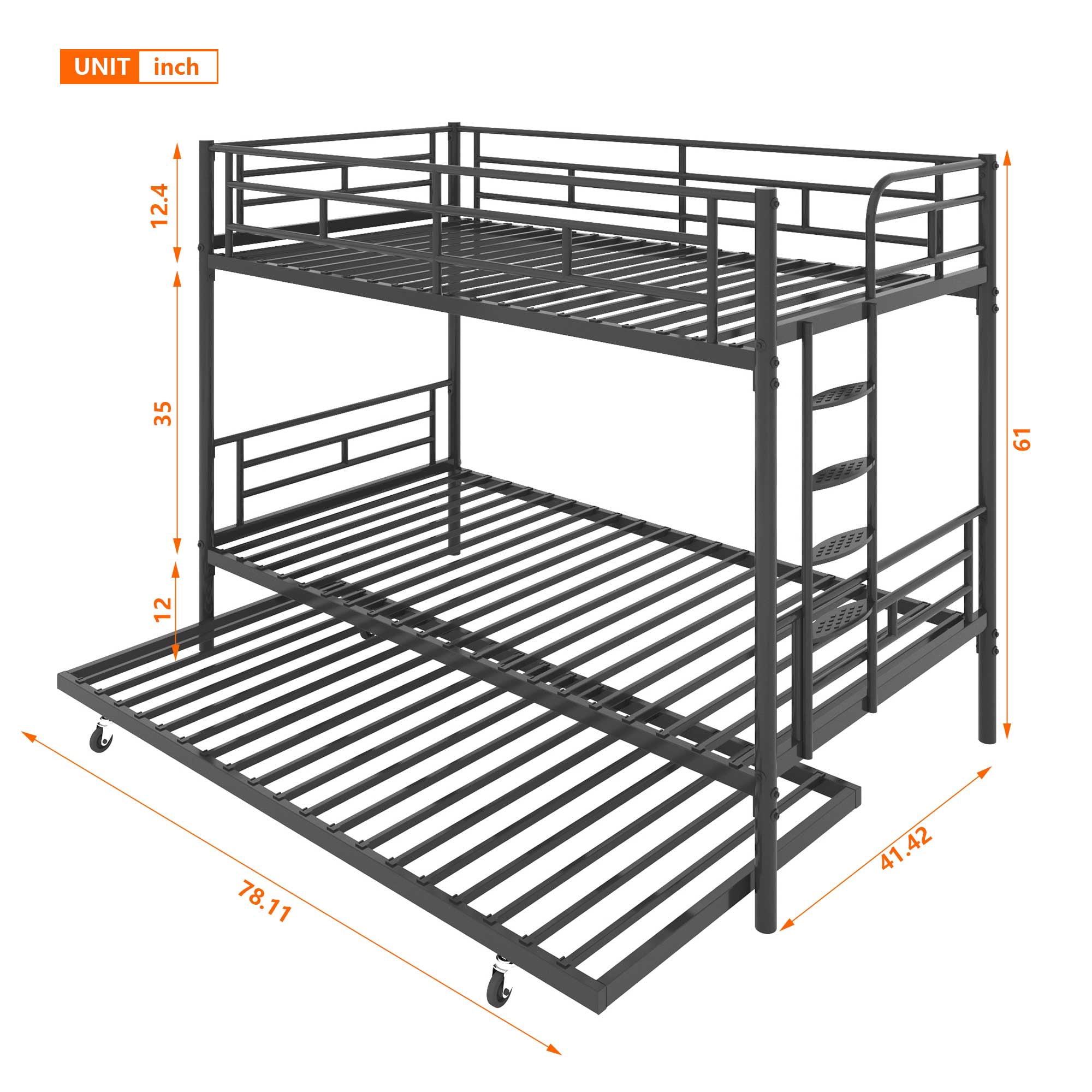 Triple Bunk Bed Twin over Twin with Trundle Metal Bunk Bed for Kids,Adults,Heavy Duty Bunk Bed with Full-Length Guardrail,Comfortable Step,Easy to Assemble,for 3