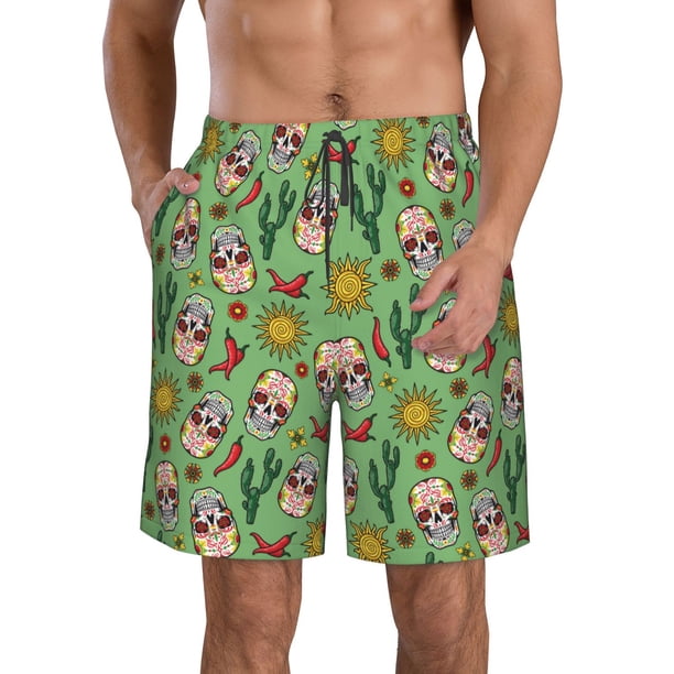 Balery Vintage Sugar Skull Traje de Baño Estilo Hawaiano para Hombre, Shorts de Secado Rápido con Bolsillos-Small