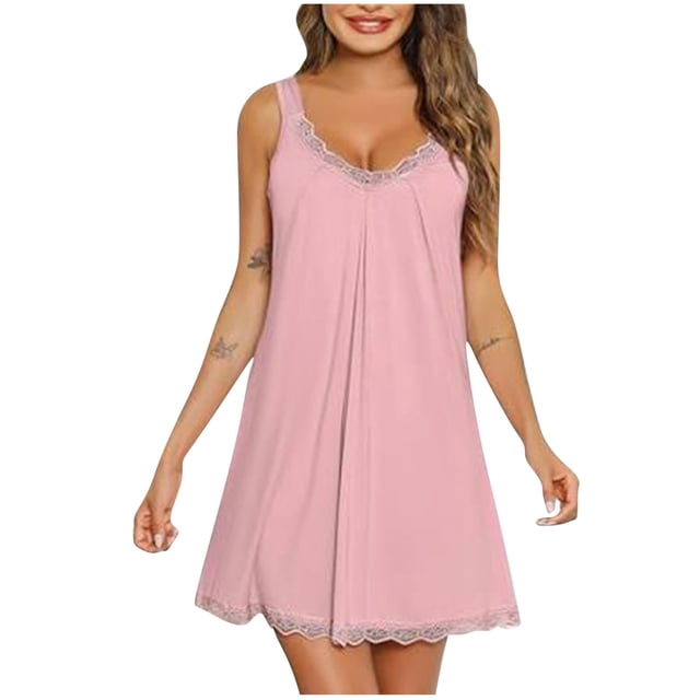Ohufall Chemises de Nuit pour Femmes Col en V Robe de Pyjama Ample Sans Manches Douce Fine Dentelle Robe de Nuit