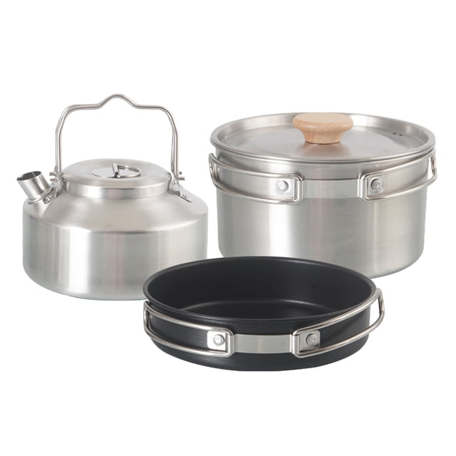 Stainless Steel Camping Cookware Set with Foldable Handles – 3-Piece Outdoor Cooking Kit Including Pot, Frying Pan & Kettle, Lightweight Portable Design for Hiking, Backpacking, Picnics & Campfires,