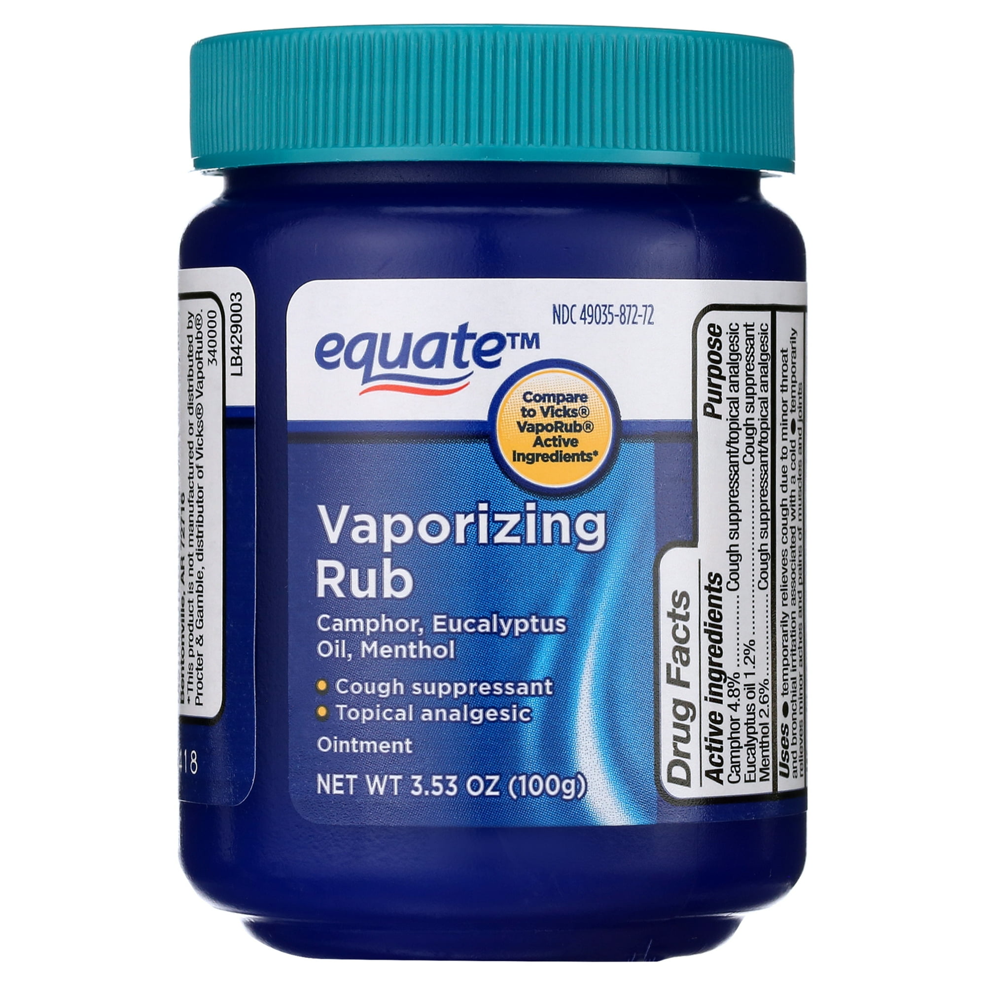 Equate Vaporizing Rub Ointment, 3.53 oz, Compare to VicksÂ® VapoRubÂ® Active Ingredients