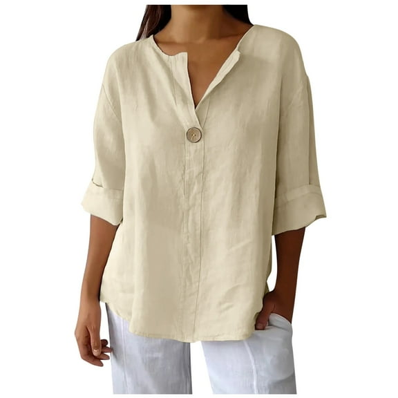 Women's Loose V Neck Buttoned Three Quarter Sleeve Shirt Top Casual Comfortable Blouse Tunic Tee for Ladies