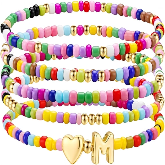 DESIGNICE Valentines Gifts for Kids - 5PCS Colorful Beaded Initial Bracelets for Girls Women Cute Stretch Heart Letter Bracelet Initial Stackable Bracelet Birthday Gift Jewelry for Kids Teen Girl