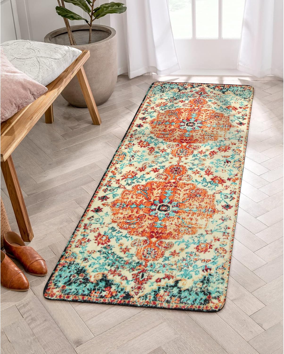 Bohemian Floral Medallion Runner Rug - 2x5 Laundry Room Rug Bathroom Runner Oriental Kitchen Mat, Soft Washable Non-Slip Low-Pile Indoor Carpet Runner for Bedside Living Room Decor