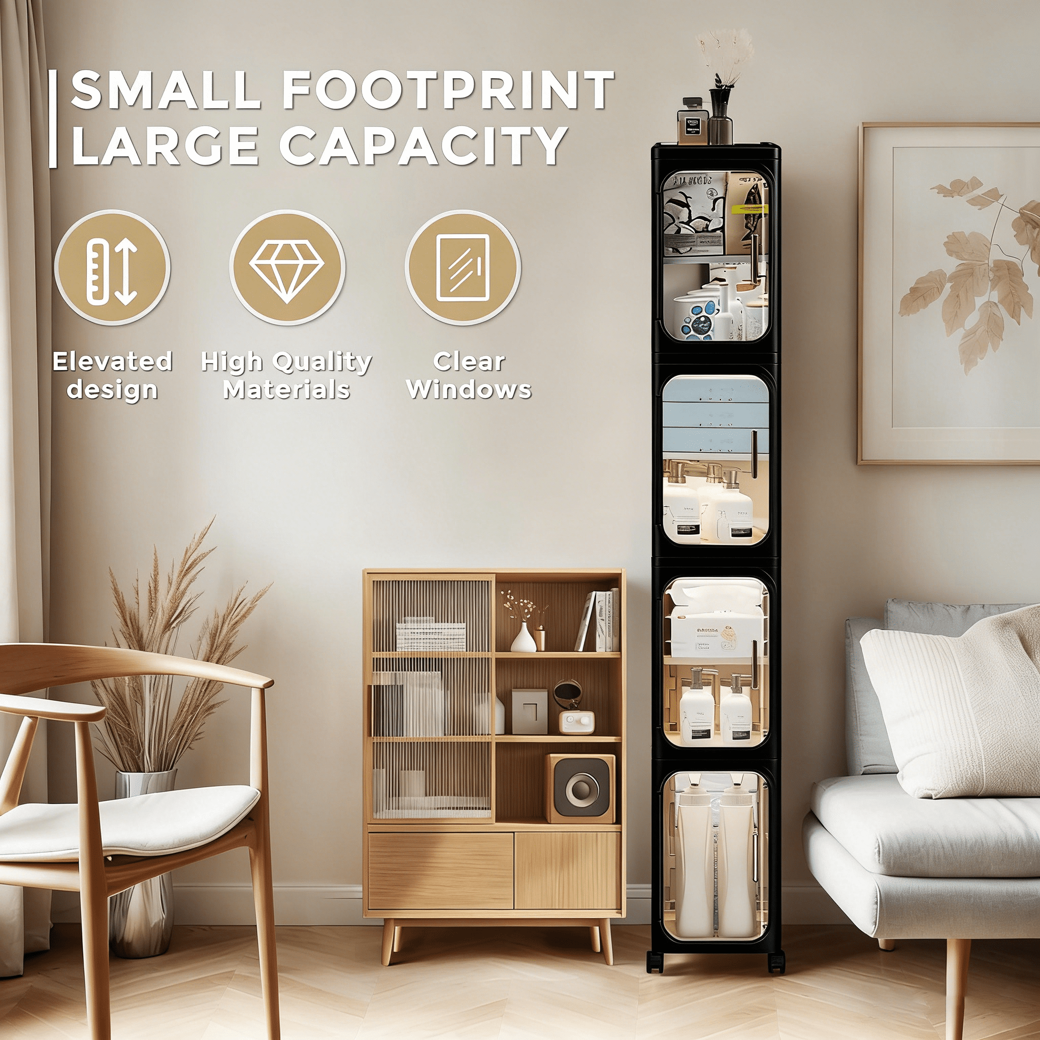 4-Tier Bathroom Storage Cabinet with Wheels, Magnetic Doors, Plastic Slim Bathroom Organizers and Storage for Small Spaces, Kitchen,Black