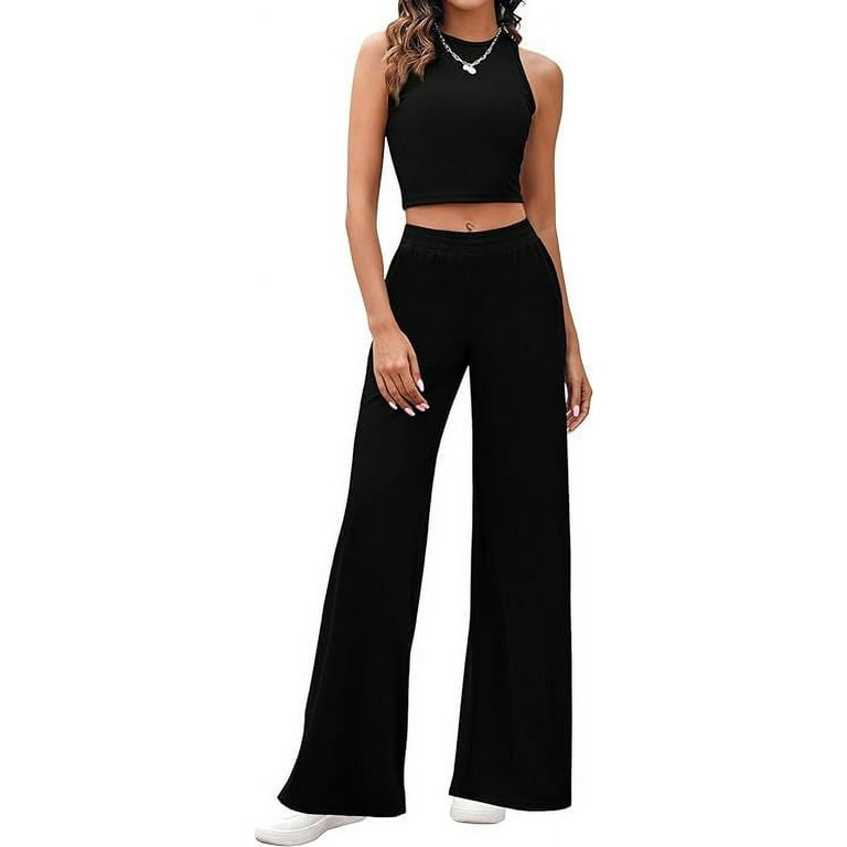 Women's piece set sleeveless crop top high waist wide leg pants - Main Image