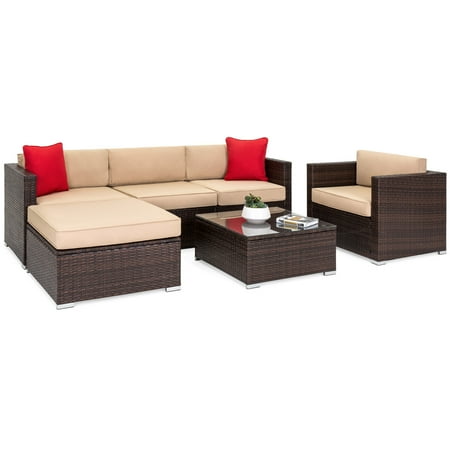 Best Choice Products 6-Piece Outdoor Patio Sectional Wicker Furniture Set w/ Sofa, Seat Cushions, Accent Chair, Ottoman, Glass Coffee Table, 2 Red Pillows for Backyard, Pool, Garden - (Best Outdoor Patio Furniture)