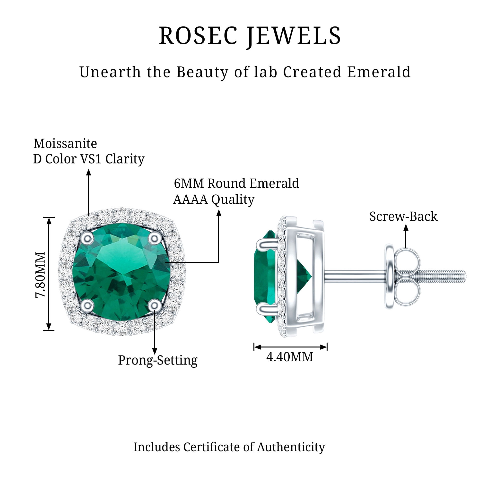 Rosec Jewels Lab Grown Emerald Earrings with Moissanite - Emerald Halo Stud Earrings in Silver - 6 mm - AAAA Quality