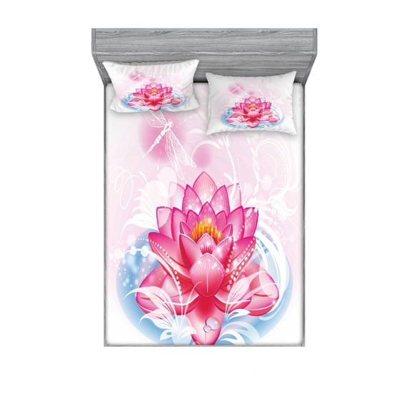 Ambesonne Flower Fitted Sheet & Pillow Sham Set, Mandala Yoga Lotus, Queen, Pink