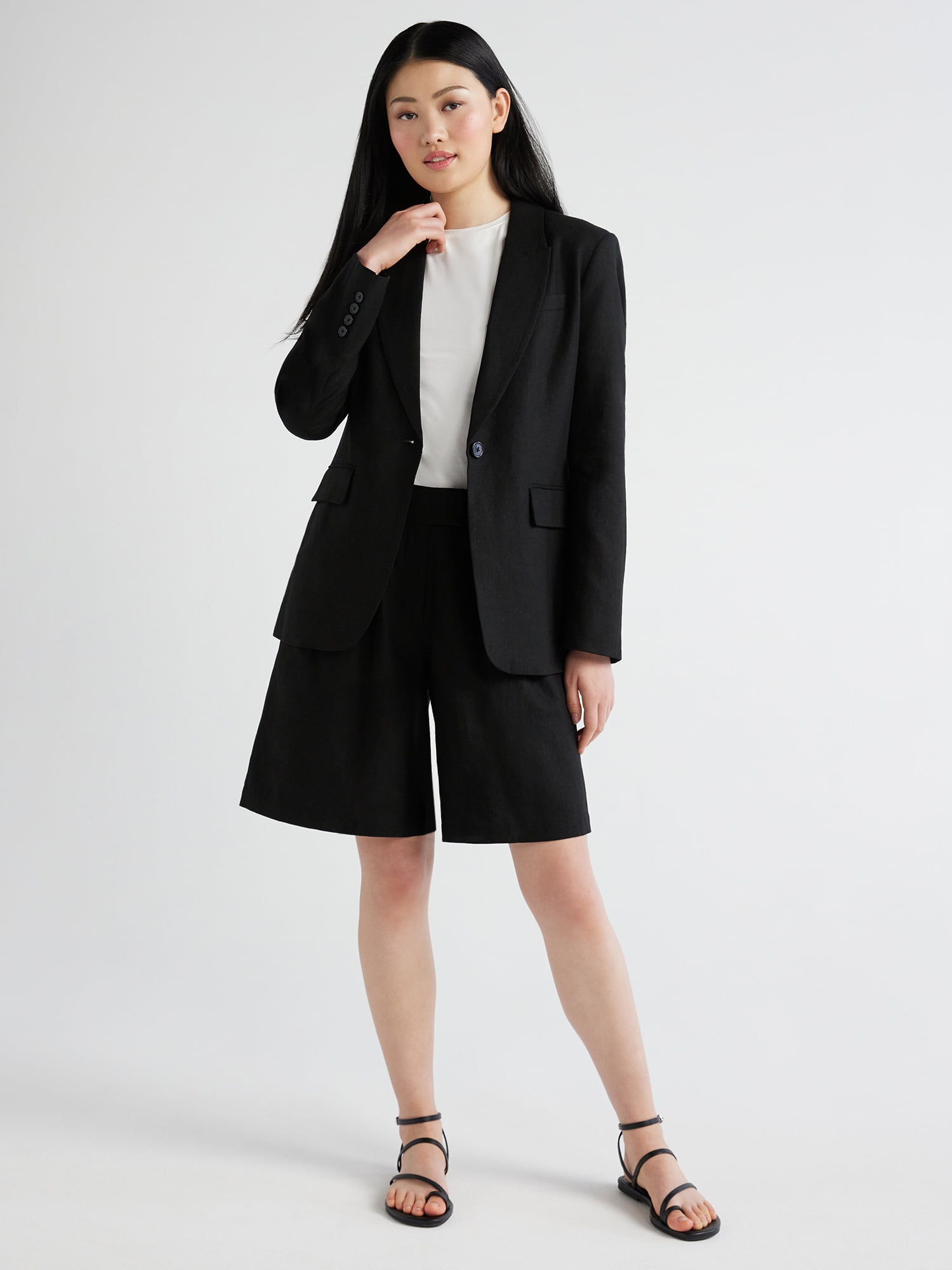 Scoop Women's and Women's Plus One Button Linen Blend Blazer, Sizes XS-4X