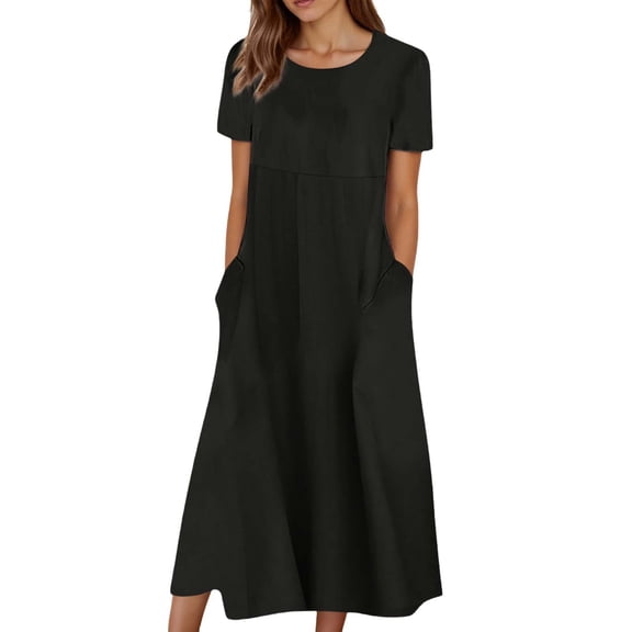 JIAYUE Women's Dress Mid-Calf Casual Short Sleeve Neck Loose Solid Color Swing Beach Boho With Pockets Stylish Female Dresses