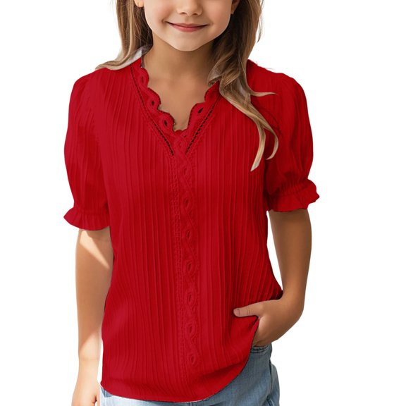 Girls V Neck Lace Trim Elegant Blouse Kids Puff Short Sleeve Basic Solid Tops Summer Dress𝐲 Loose Hollow Trendy Teen Tops