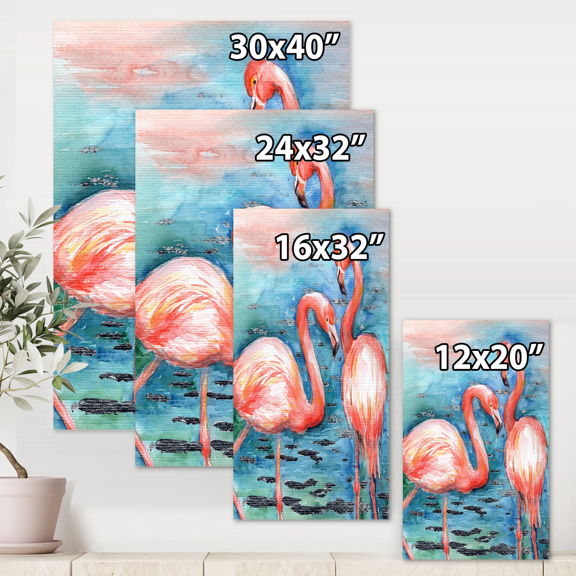Pink Flamingos Love Birds In Blue Water I 8 in x 12 in Painting Canvas Art Print, by Designart