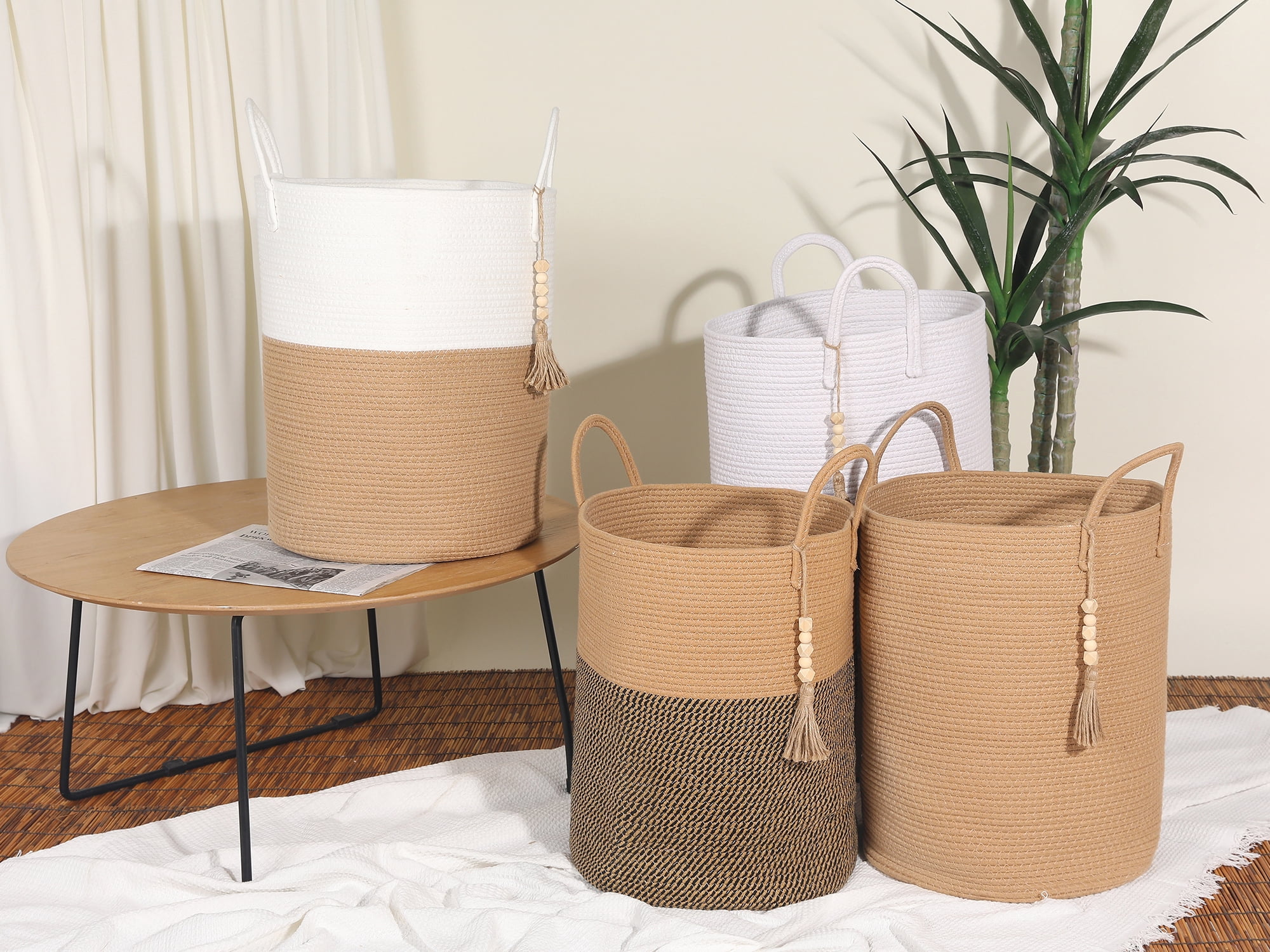 Unique Bargains Woven Storage Bin with Handle and Tassel Beads Storage Basket White