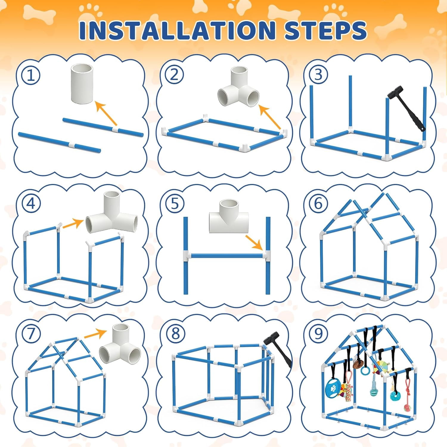 Play Gym for Small Dogs with PVC Frame, 10 Hanging Toys & Stretchy Ropes for Indoor Enrichment Activity