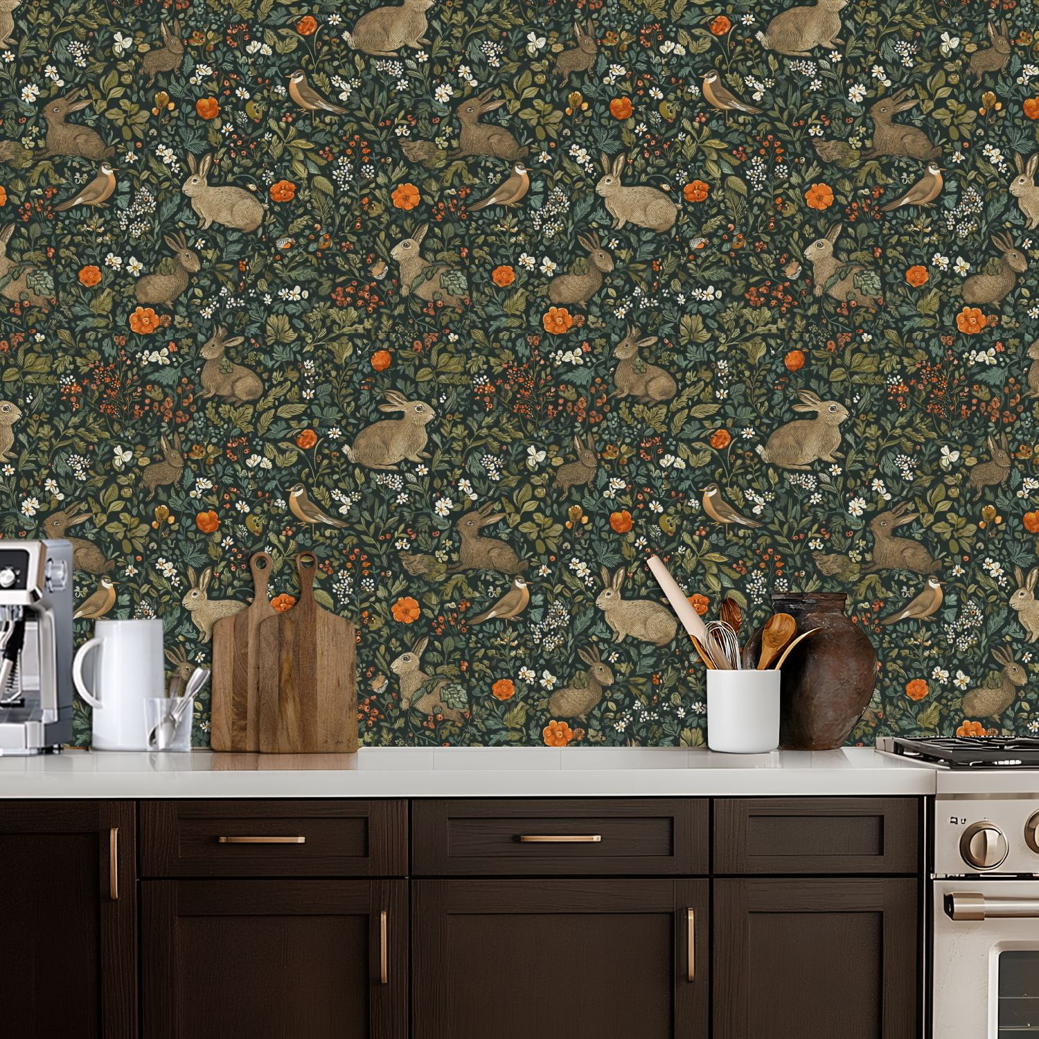 Hunt Peel and Stick Wallpaper 17.7in x 9.8ft Whimsical Floral Hares Birds Earthy Tones Contact Paper Vinyl Waterproof Self Adhesive Wall Paper for Bedroom Shelf Cabinet Renter Friendly