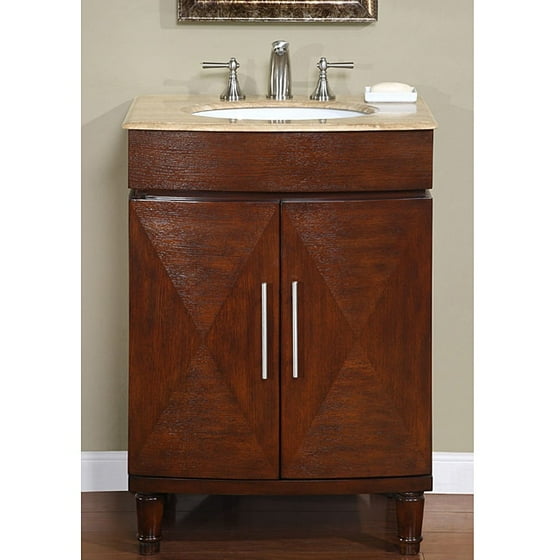 Silkroad Exclusive Single Sink 26 Inch Travertine Top Vanity Cabinet Chestnut