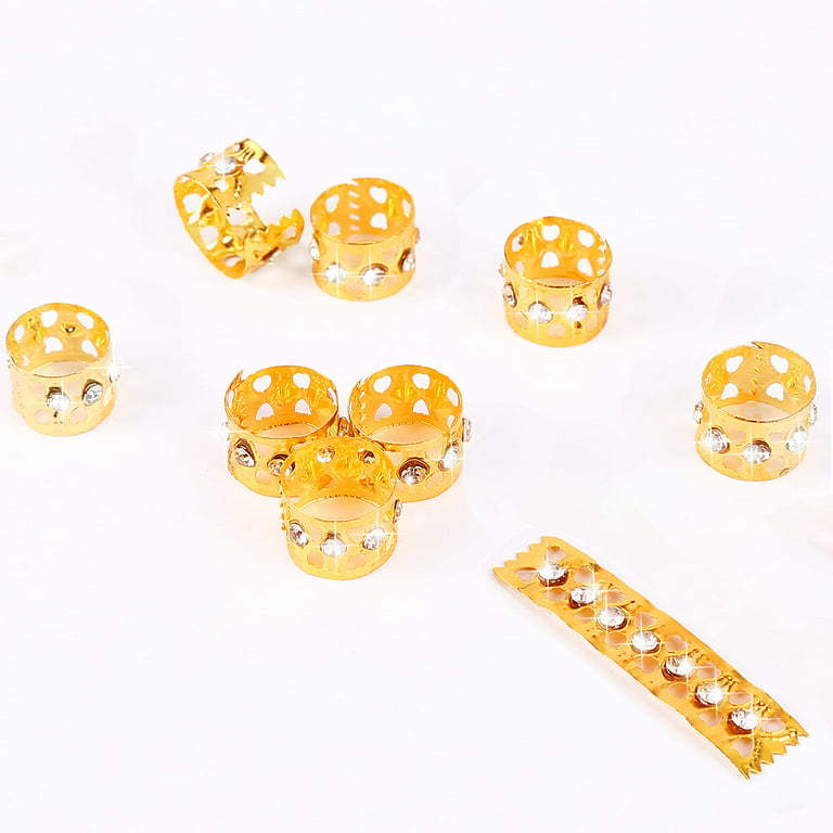 Nothers 50pcs Gold Rhinestone Hair Ring Iron Dreadlock Beads Accessories Hair Jewelry with 100 Pcs Mini Rubber Bands for Women Braids Cuff Clip (A), Size: 9.6