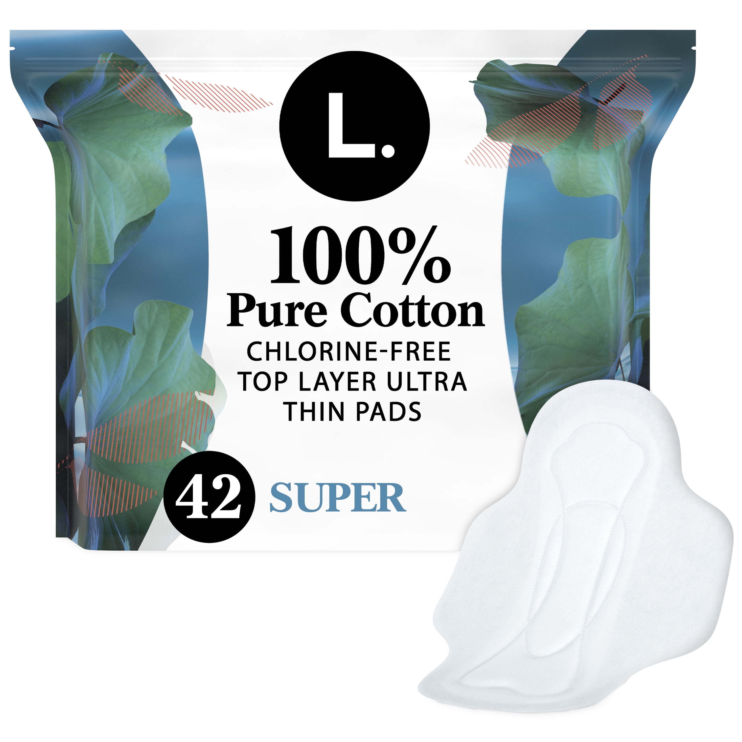L. Ultra Thin Pads, Super Absorbency, 42 Ct, 100% Pure Cotton Top Layer