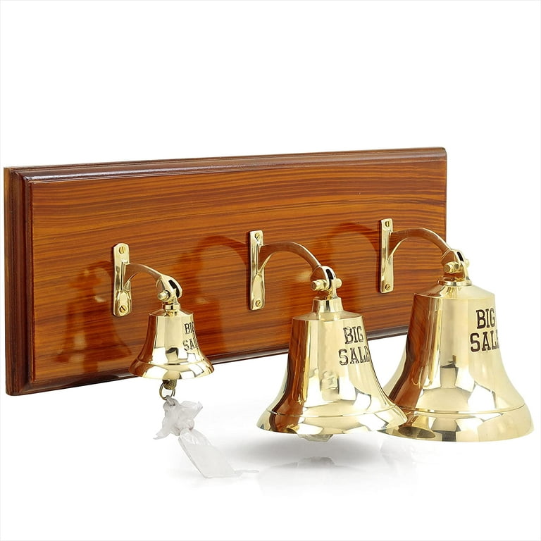 3 Solid Brass Polished Hanging Bells (BIG SALE) - Attached On Wooden Red  Varnished Plaque / Plank 