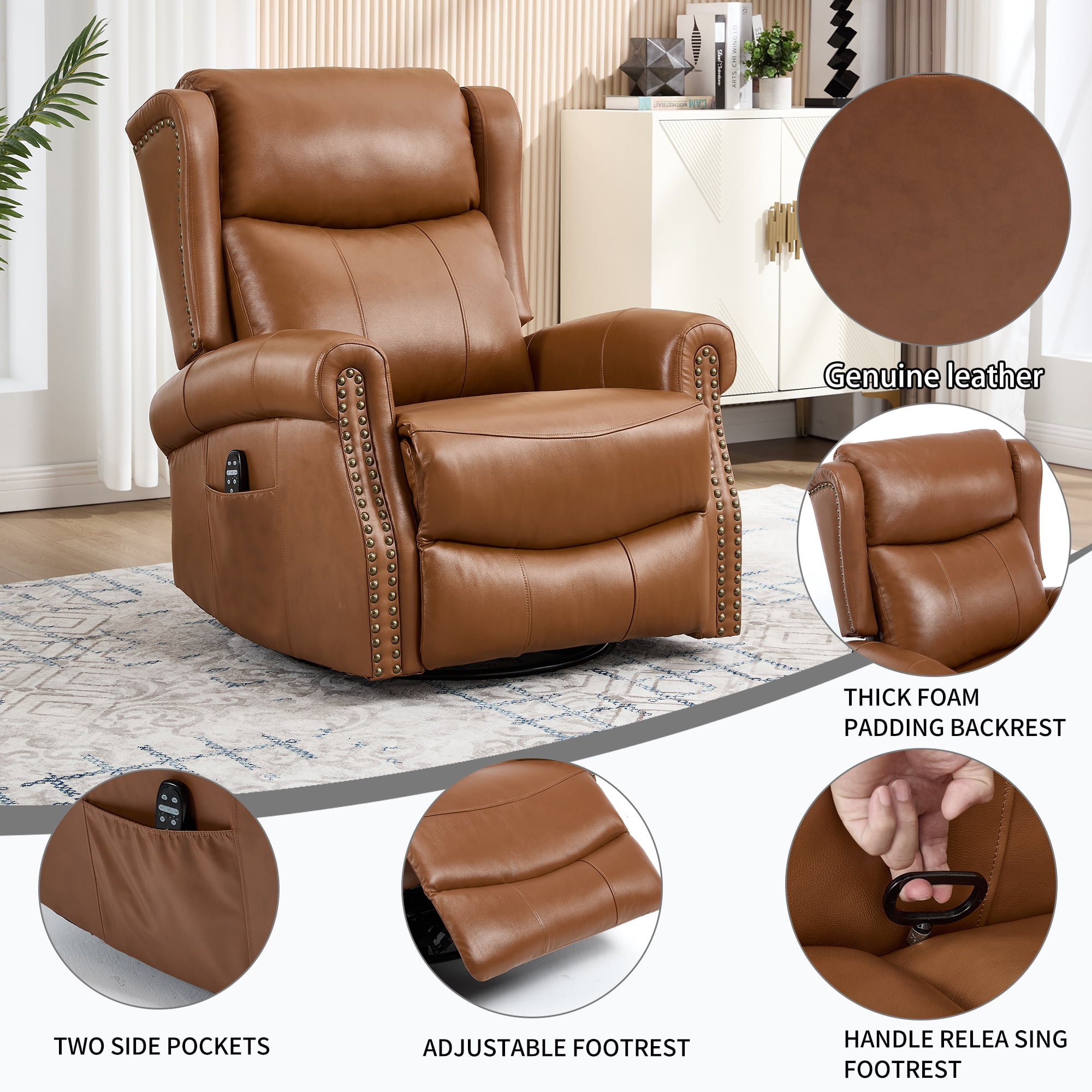 Leumius Swivel Rocker Recliner Chair with Vibration Massage and Lumbar Heating,Ergonomic Lounge Chair with Rocking Function,Rivet Design,Yellow