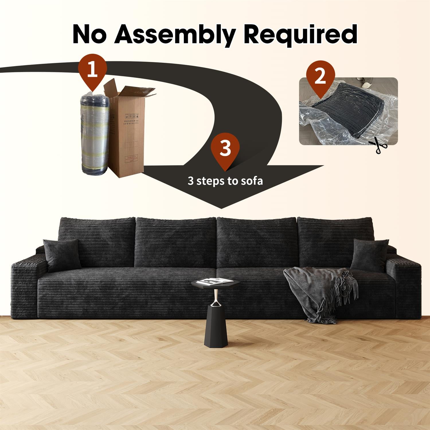 Demi Bonn 140" Cloud Sectional Sofa, Modern Modular Deep Seat Upholstered Couch for Living Room & Bedroom, No Assembly Needed, Black