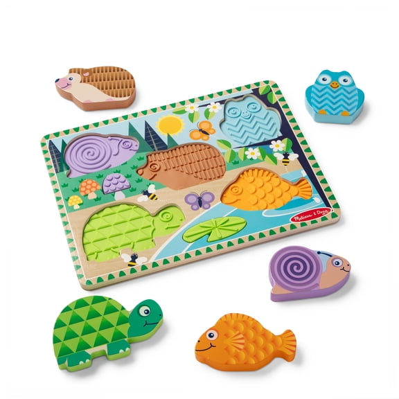 Melissa & Doug Forest Friends Touch & Feel Wooden Puzzle, 5-Piece Chunky Toddler Puzzle with Animals & Textured Silicone Puzzle Board Inlays for Ages 2 
