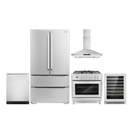 Cosmo 5 Piece Kitchen Appliance Package with 36  Freestanding Dual Fuel Range 36  Wall Mount Range Hood 24  Built-in Fully Integrated Dishwasher French Door Refrigerator & 48 Bottle Wine Refrigerator