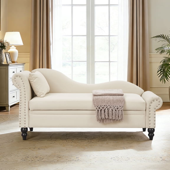 ChenyueFurn Velvet Chaise Lounge Chair, Silver Nail Decor with Storage for Bedroom Office,Beige