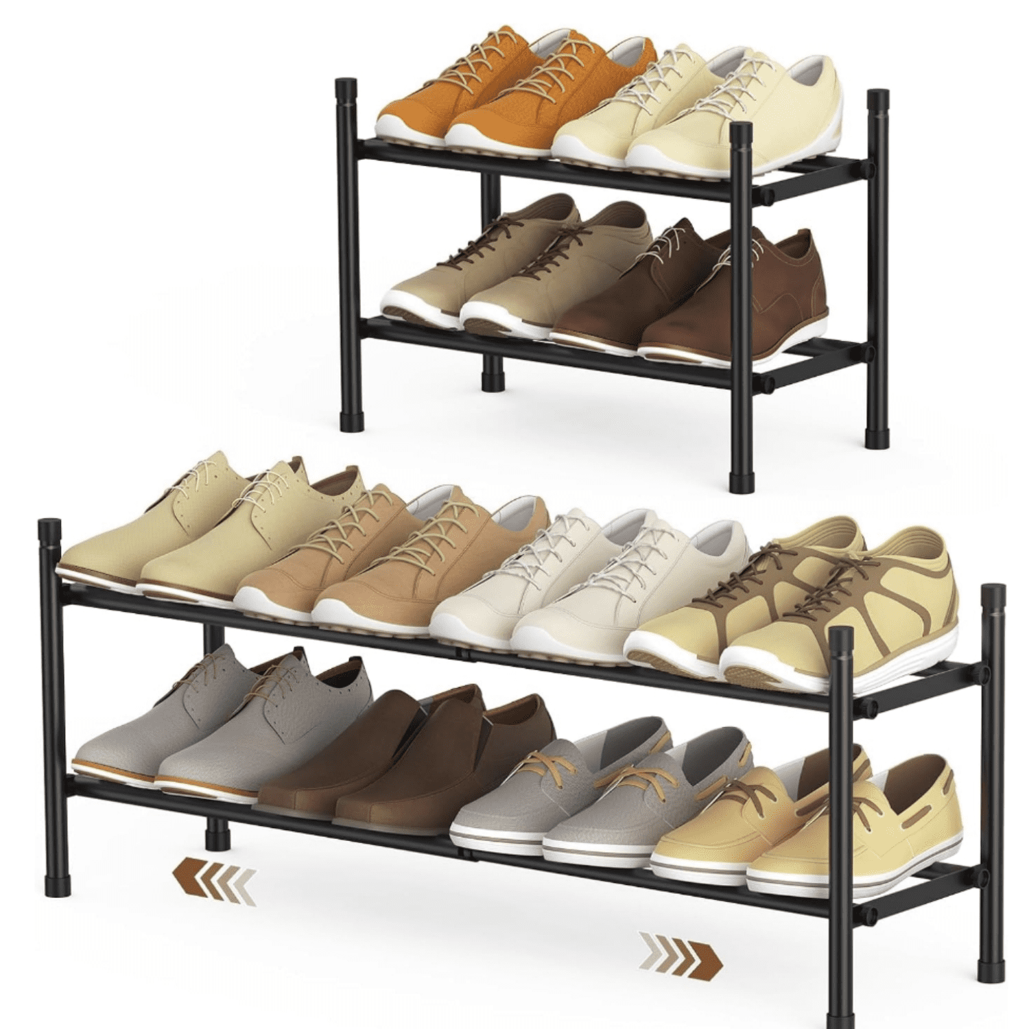 Expandable Shoe Rack 2 Tier Shoe Rack for Closet Stackable Adjustable Standing Metal Shoe Shelf Organizer Storage Small Shoe Racks for Front Door Entrance、Entryway