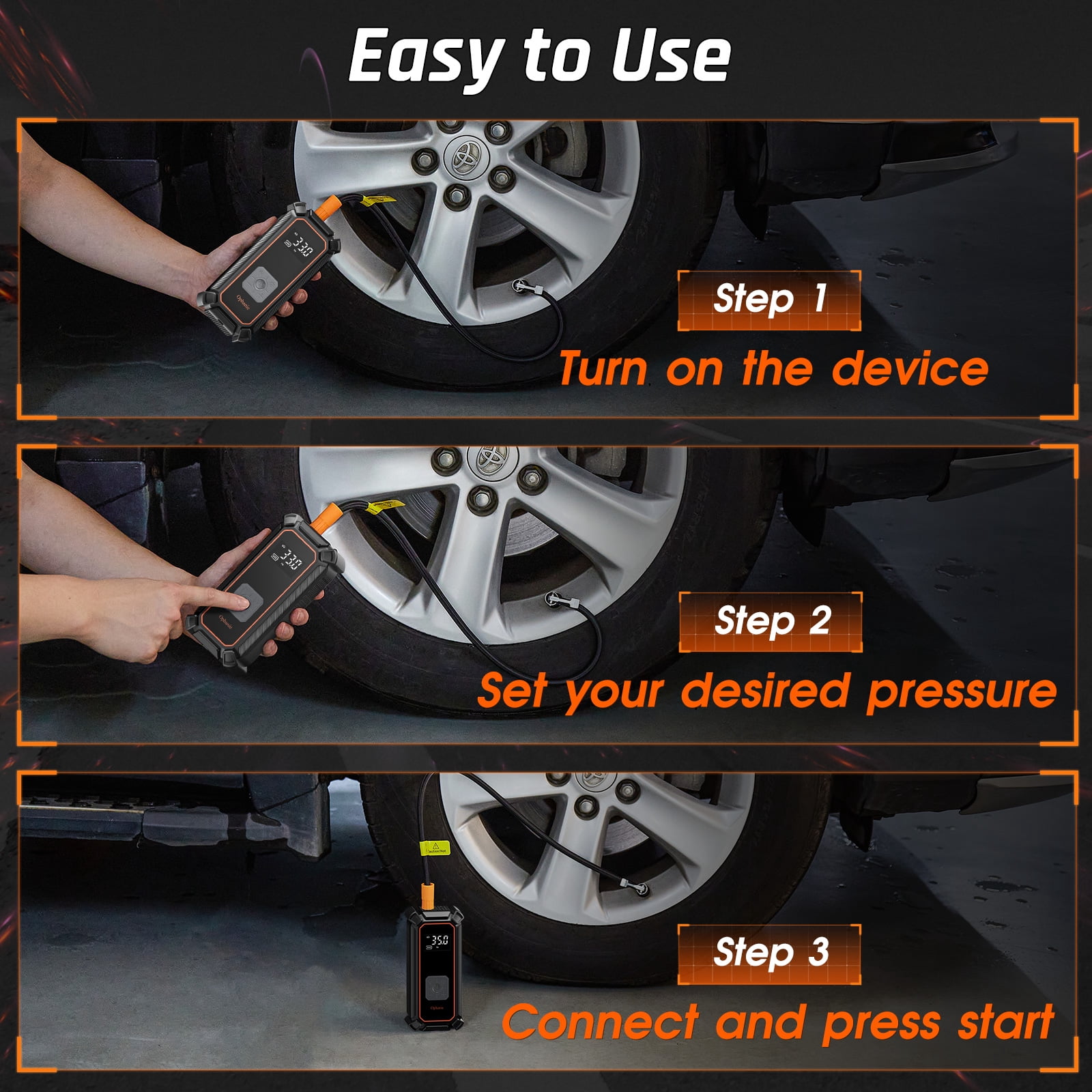 Ophanie Cordless Portable Tire Inflator - 160 Psi Digital Pressure Gauge, Air Compressor for Car Tires with Automatic Shutoff, Emergency LED Light, Compact Automotive Pump