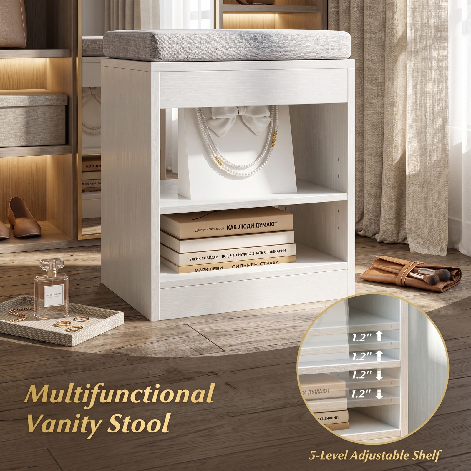 Furnibear Vanity Desk with Lighted Mirror and Charging Station, Makeup Vanity Table with 3 Lighting Modes and Cushioned Stool, White
