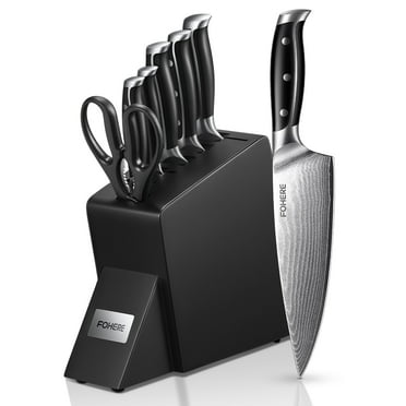 FOHERE Knife Set, 7 Pieces Damascus Kitchen Knife Set with Block, Sharp Japanese Knife Pattern, Comfortable Full Tang Handle