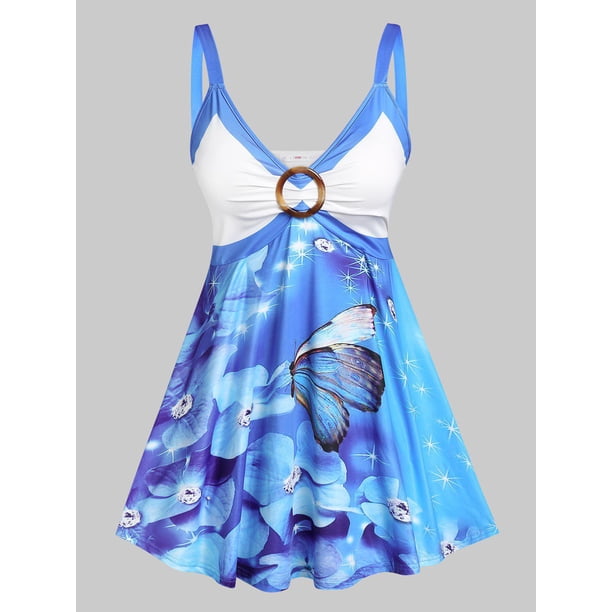 Tank Top de Talla Extra con Estampado de Mariposa con Anillo Rosegal Camisetas sin mangas de talla grande