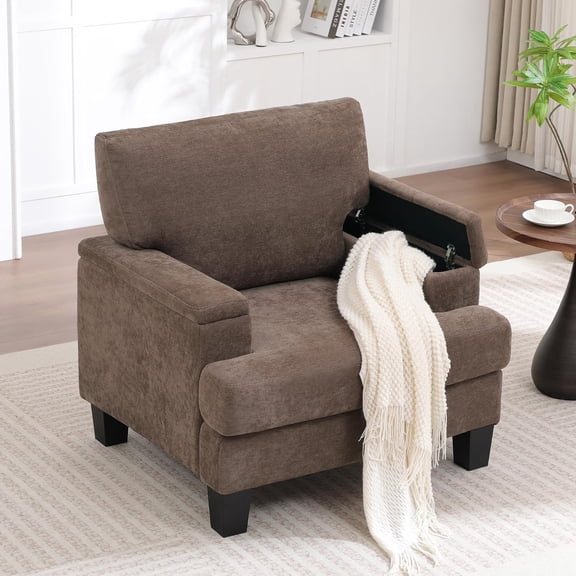 NeatifyesModern Upholstered Living Room Chairs, Accent Chair with Storage Armrest, Comfy Large Armchair, Fabric Single Sofa ReadingChair for Bedroom, Dark Brown