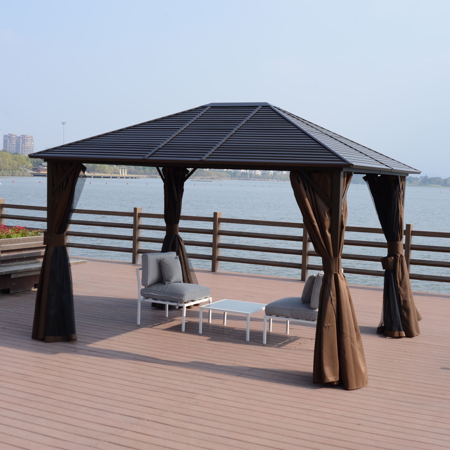 Outsunny 10’ x 12’ Steel Hardtop Gazebo with Netting Curtains and
