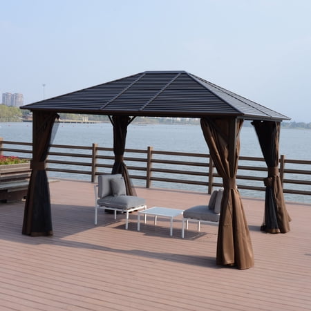 Outsunny 10’ x 12’ Steel Hardtop Gazebo with Netting Curtains and Sidewalls, Brown