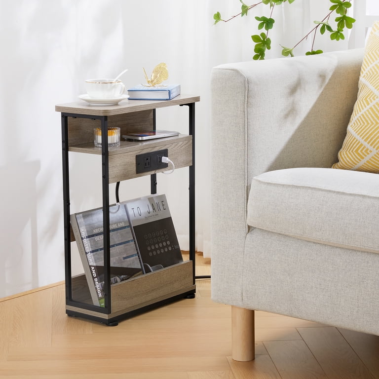 ZEXVIDA Narrow Side Table with Charging Station, Oak photo 6