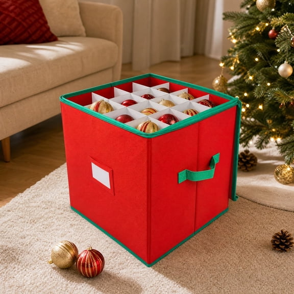 Christmas Ornament Storage Box, Foldable Holiday Ornament Organizer with Zippered Lid and Dividers for Tree Baubles, Festive Storage Container for Home Use