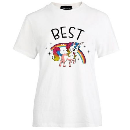 SHOPFIVE Woman's Best Friend Girlfriends With Rainbow Unicorn Print Round Neck Short-Sleeved (Best Friend And Girlfriend)