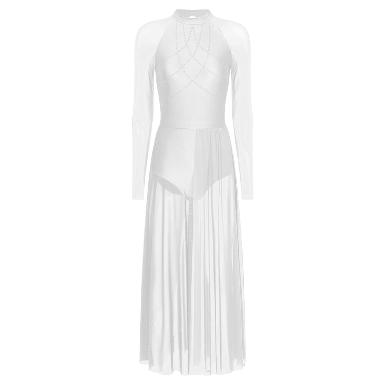 Aiihoo Womens Lyrical Dance Dress Glittery Rhinestones Sheer Mesh Flowy  Split Maxi Dress Leotard Dresses White M - Walmart.com