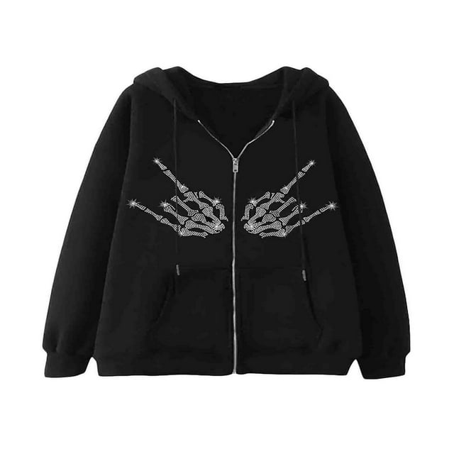 Women Rhinestone Zipper Hoodie Sweatshirts Long Sleeve Zip Up Drawstring Hoodie Oversized Jacket with Pockets Black Spider‘s Web L