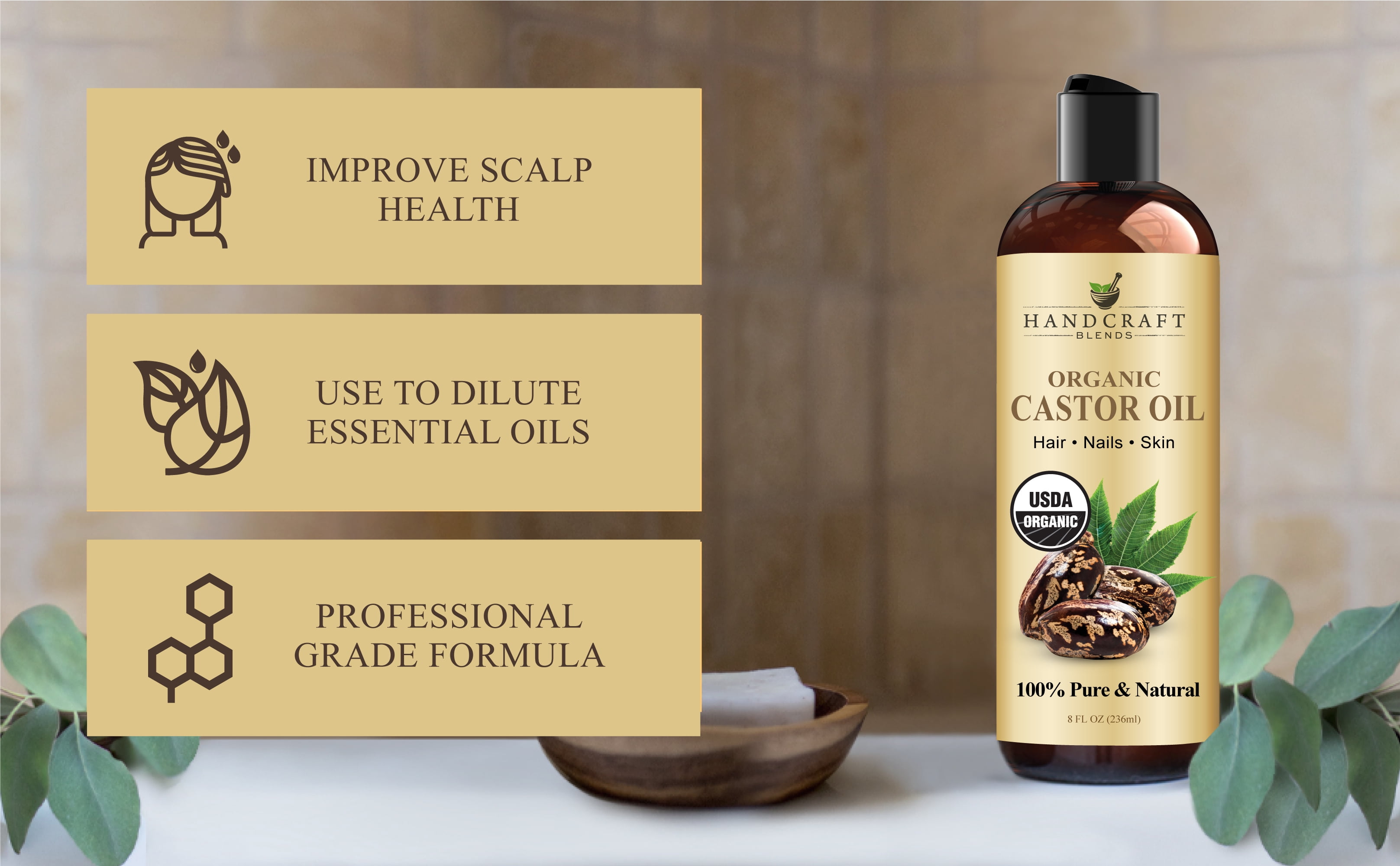 Handcraft Blends Organic Castor Oil for Hair, Eyelashes & Skin, 8 oz