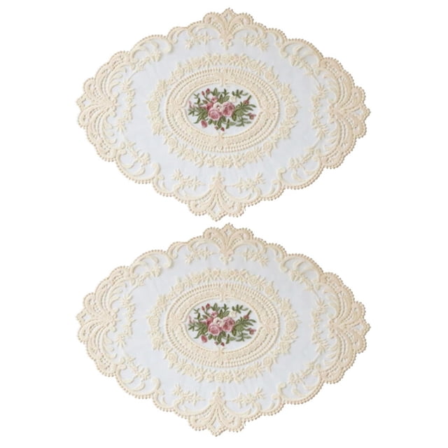 2x Cojín de mesa beige claro de tela de encaje bordado ovalado europeo